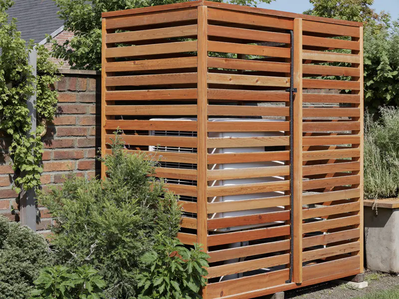 Buitenunit in een houten lamellenkast in een tuin naast een bakstenen muur